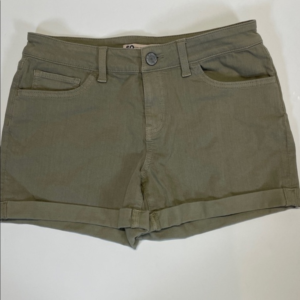 SO Olive Green Denim Shorts Womens Size 9 Mid Rise Cuffed Casual